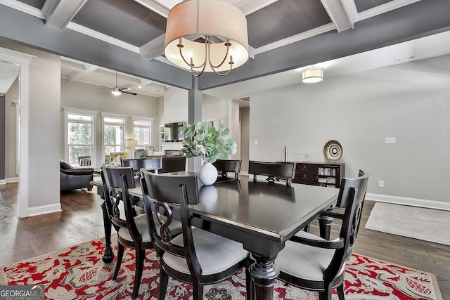 dining room with coffered ceiling, wood finished floors, beamed ceiling, baseboards, and a chandelier