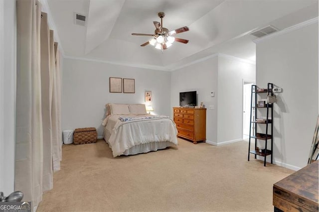 10 Bayberry Ct, Acworth, GA 30101 - bedroom featuring light colored carpet, a raised ceiling, crown molding, baseboards, and ceiling fan