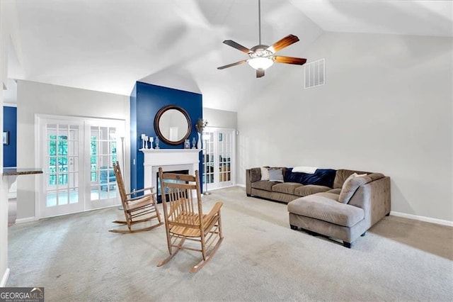 10 Bayberry Ct, Acworth, GA 30101 - living room with carpet flooring, ceiling fan, a fireplace, baseboards, and high vaulted ceiling
