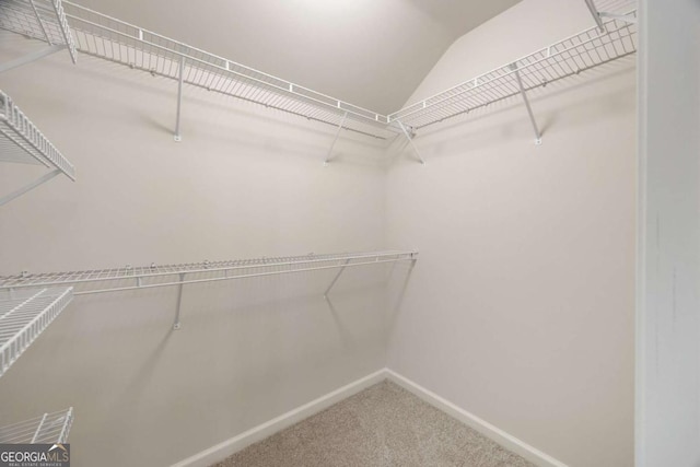 spacious closet with carpet floors and lofted ceiling