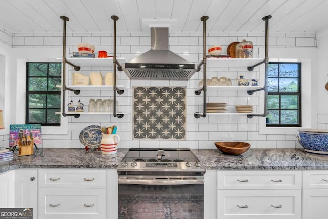 kitchen featuring stainless steel electric stove, island range hood, open shelves, backsplash, and wood ceiling