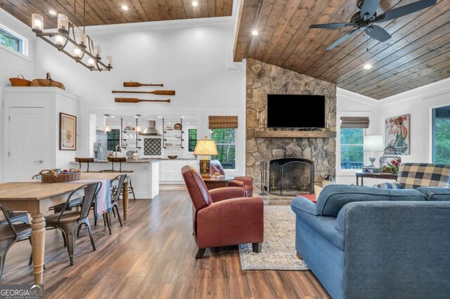 living room featuring wood ceiling, wood finished floors, ceiling fan, a stone fireplace, and high vaulted ceiling