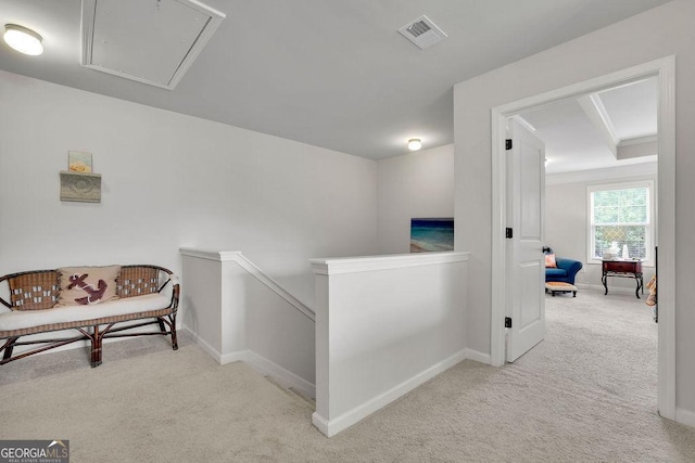4050 Pleasant Woods Dr, Cumming, GA 30028 - hall featuring attic access, carpet, an upstairs landing, and baseboards