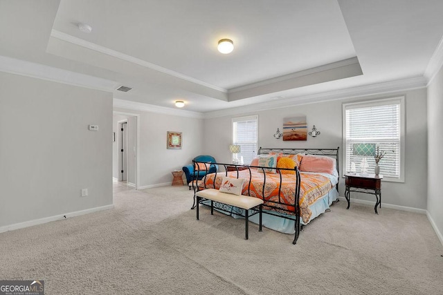 4050 Pleasant Woods Dr, Cumming, GA 30028 - bedroom featuring a tray ceiling, ornamental molding, carpet flooring, and baseboards