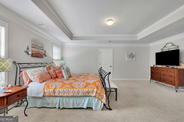 4050 Pleasant Woods Dr, Cumming, GA 30028 - bedroom featuring a tray ceiling, crown molding, carpet floors, and baseboards