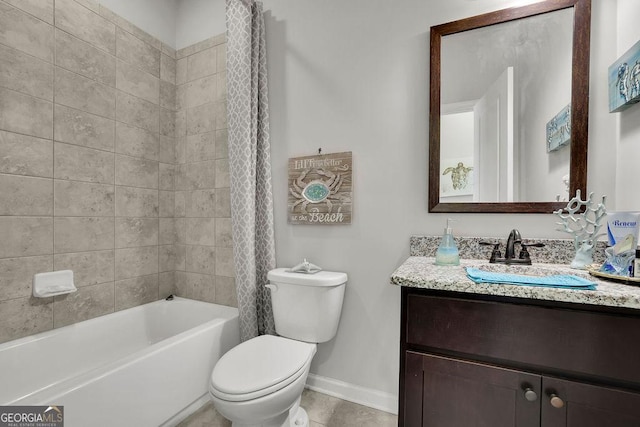 4050 Pleasant Woods Dr, Cumming, GA 30028 - full bathroom featuring baseboards, vanity, toilet, shower / tub combo with curtain, and tile patterned flooring