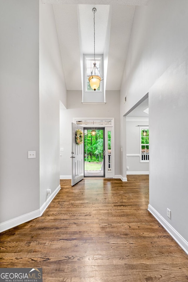 84 Creekside Ct, Zebulon, GA 30295 - entrance foyer with high vaulted ceiling, baseboards, wood finished floors, and a chandelier