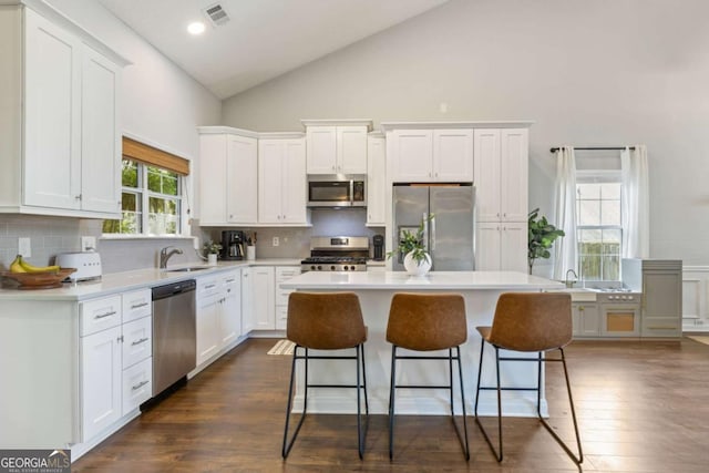 kitchen with stainless steel appliances, high vaulted ceiling, a sink, a kitchen bar, and white cabinetry