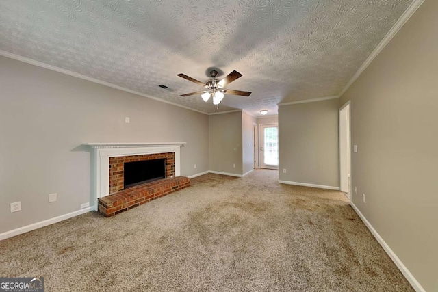unfurnished living room with a ceiling fan, carpet floors, a textured ceiling, a fireplace, and baseboards