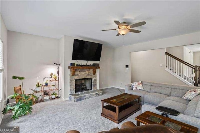 380 Longwood Pl, Dallas, GA 30132 - carpeted living area featuring ceiling fan, stairway, baseboards, and a fireplace