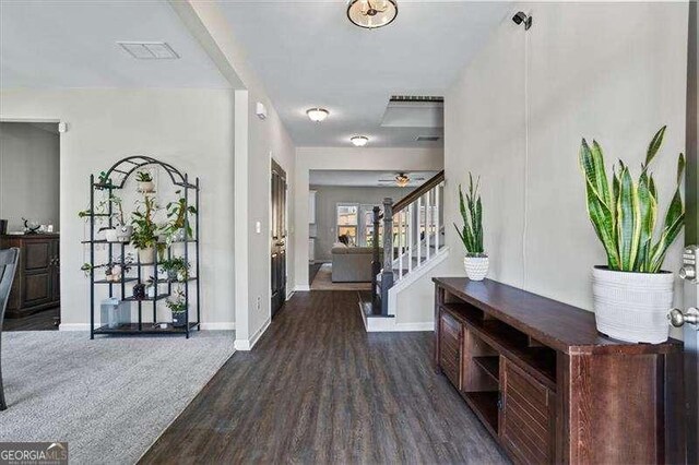 380 Longwood Pl, Dallas, GA 30132 - entryway with stairway, dark wood-style floors, baseboards, and a ceiling fan