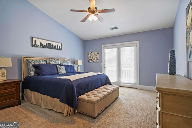 carpeted bedroom with access to outside, vaulted ceiling, ceiling fan, and baseboards