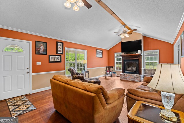233 Clark Rd, Midville, GA 30441 - living area featuring a ceiling fan, a textured ceiling, wood finished floors, healthy amount of natural light, and vaulted ceiling