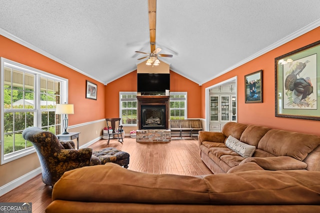233 Clark Rd, Midville, GA 30441 - living area with wood-type flooring, a ceiling fan, ornamental molding, a textured ceiling, and a fireplace