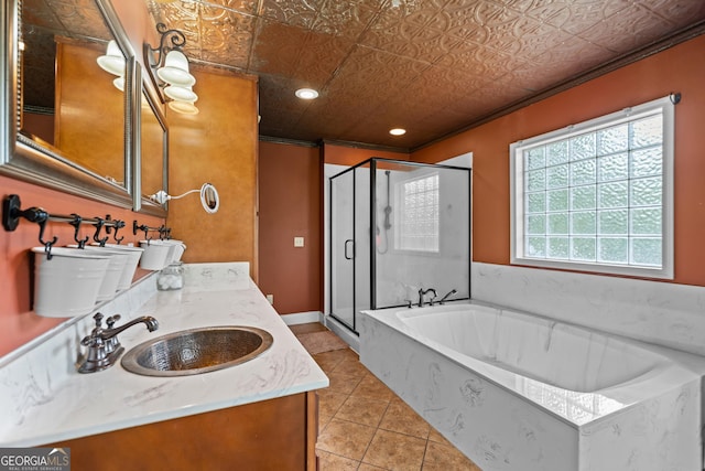 233 Clark Rd, Midville, GA 30441 - full bathroom featuring a stall shower, a garden tub, an ornate ceiling, tile patterned floors, and vanity