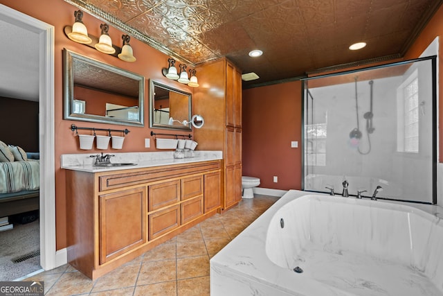 233 Clark Rd, Midville, GA 30441 - bathroom featuring an ornate ceiling, a tub, baseboards, vanity, and a shower with door