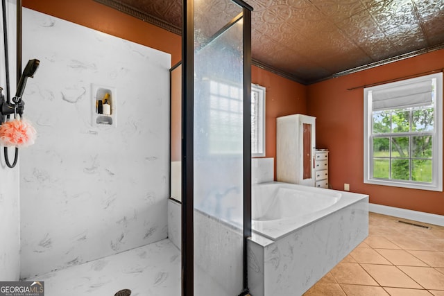 233 Clark Rd, Midville, GA 30441 - full bath with a shower stall, a garden tub, tile patterned floors, and ornamental molding