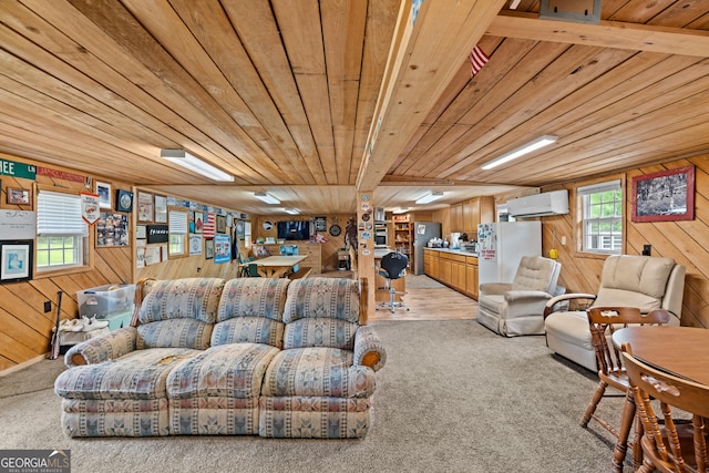 233 Clark Rd, Midville, GA 30441 - living area with wooden walls, an AC wall unit, light colored carpet, wooden ceiling, and plenty of natural light