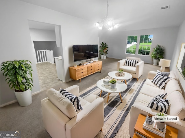 4504 Cedar Ridge Trl, Stone Mountain, GA 30083 - carpeted living area featuring baseboards and a chandelier