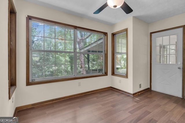 entrance foyer featuring wood finished floors, baseboards, and a ceiling fan