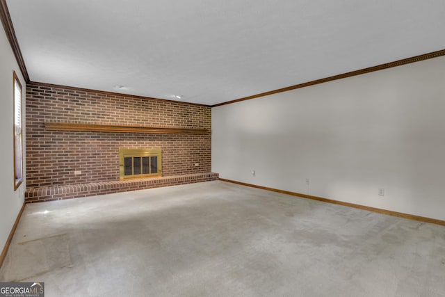 unfurnished living room with ornamental molding, carpet, baseboards, a brick fireplace, and brick wall