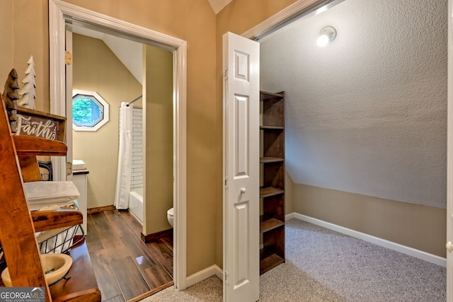 hallway with baseboards, lofted ceiling, and carpet