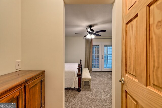 bedroom featuring carpet floors, french doors, access to exterior, and ceiling fan