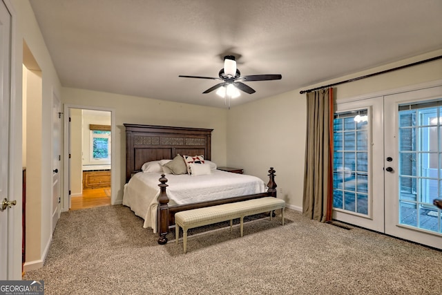 bedroom featuring carpet, access to outside, french doors, baseboards, and a ceiling fan