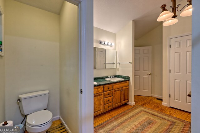 bathroom with wood finished floors, toilet, lofted ceiling, double vanity, and baseboards