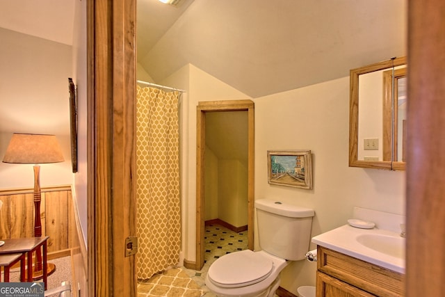 bathroom featuring vaulted ceiling, vanity, and toilet