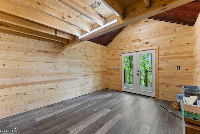 bonus room featuring french doors, wood walls, wood finished floors, and wooden ceiling