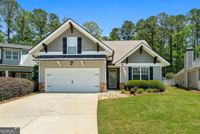 58 Gables Way, Newnan, GA 30265 - craftsman-style home with driveway, a front yard, a standing seam roof, roof with shingles, and stone siding
