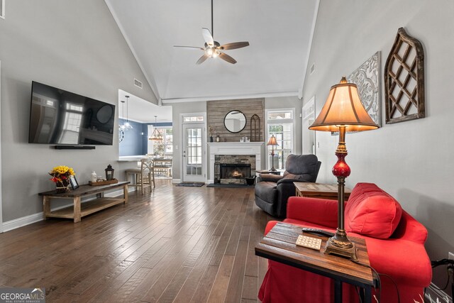 58 Gables Way, Newnan, GA 30265 - living area featuring a ceiling fan, wood-type flooring, high vaulted ceiling, baseboards, and a fireplace