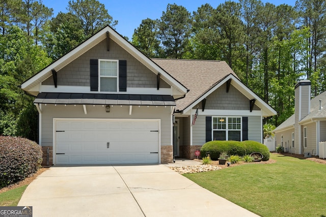 58 Gables Way, Newnan, GA 30265 - craftsman-style house with a front yard, driveway, a garage, and a standing seam roof