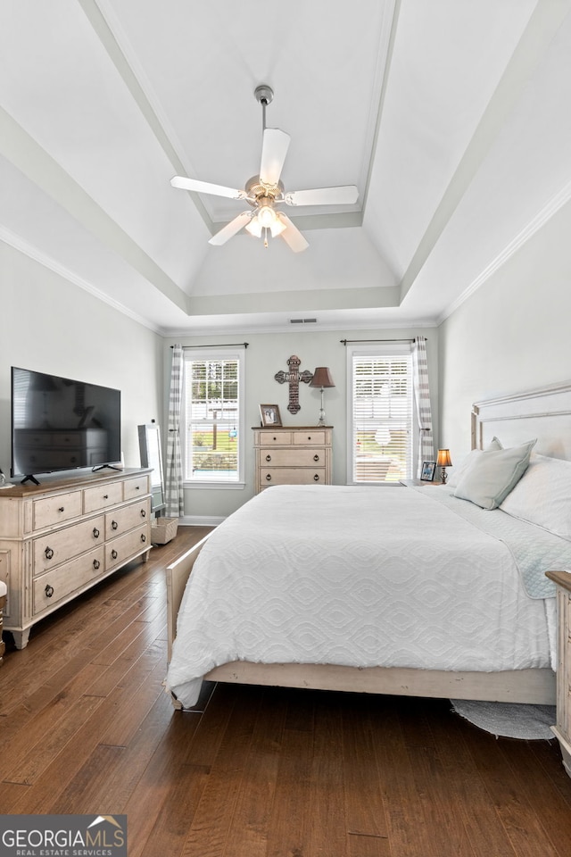 58 Gables Way, Newnan, GA 30265 - bedroom with a raised ceiling, multiple windows, dark wood finished floors, and ceiling fan