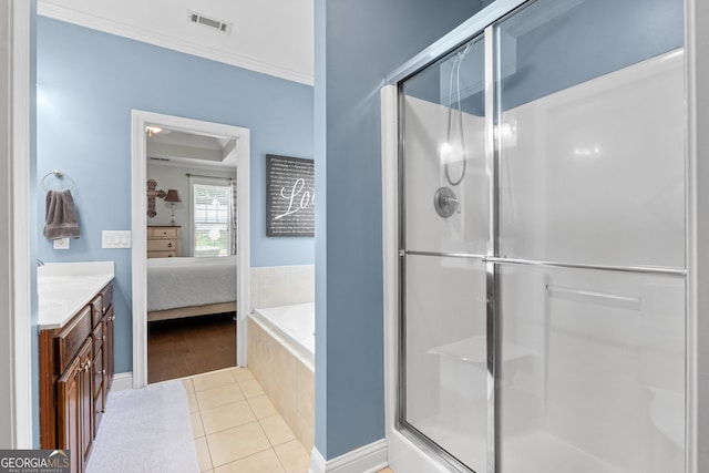 58 Gables Way, Newnan, GA 30265 - bathroom featuring tile patterned flooring, a shower stall, connected bathroom, and vanity