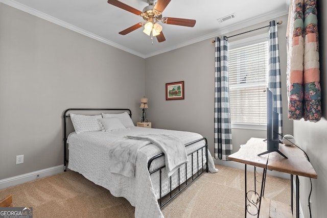 58 Gables Way, Newnan, GA 30265 - bedroom with light colored carpet, baseboards, crown molding, and a ceiling fan