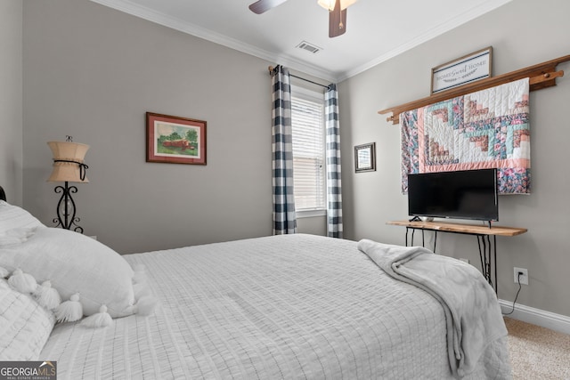 58 Gables Way, Newnan, GA 30265 - bedroom featuring ornamental molding, carpet floors, baseboards, and ceiling fan