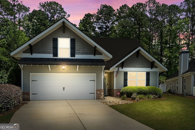 58 Gables Way, Newnan, GA 30265 - craftsman inspired home featuring stone siding, concrete driveway, a yard, and an attached garage