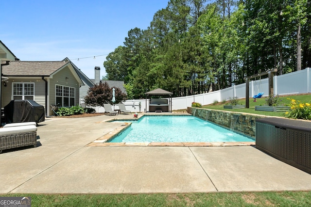 58 Gables Way, Newnan, GA 30265 - view of swimming pool with a patio area, a gazebo, a fenced backyard, and a grill