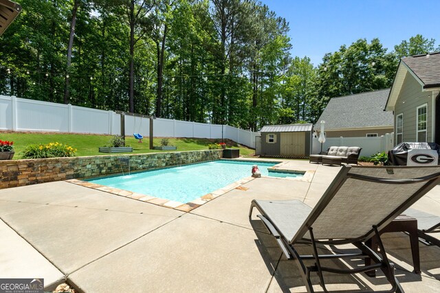 58 Gables Way, Newnan, GA 30265 - view of swimming pool with a patio, a storage unit, an outdoor living space, an outbuilding, and area for grilling