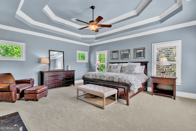 bedroom featuring a raised ceiling, carpet, ornamental molding, ceiling fan, and baseboards