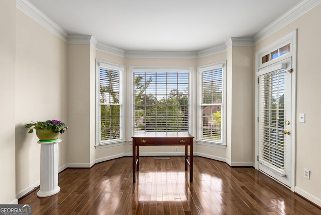 entryway with plenty of natural light, dark wood-style flooring, baseboards, and crown molding