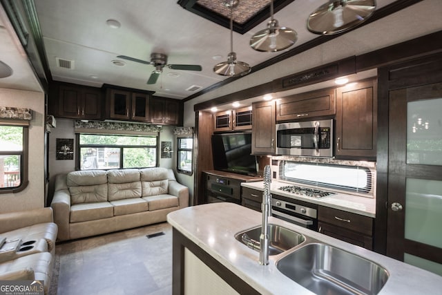 43 Tip Top Cir, Cleveland, GA 30528 - kitchen featuring stainless steel appliances, open floor plan, light countertops, dark brown cabinets, and a ceiling fan