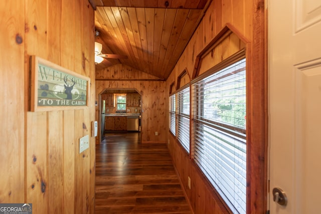 43 Tip Top Cir, Cleveland, GA 30528 - hallway featuring wood walls, lofted ceiling, dark wood-type flooring, and wooden ceiling