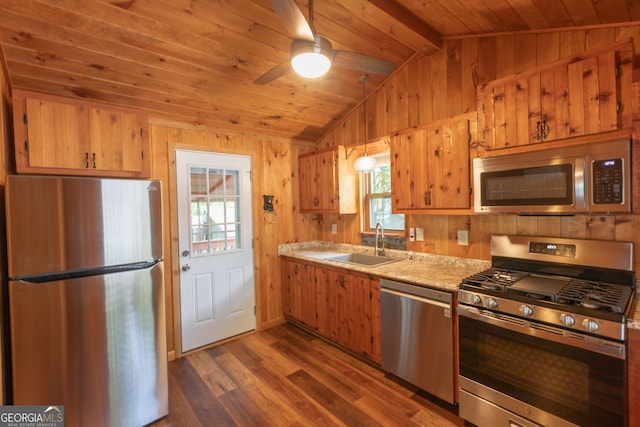 43 Tip Top Cir, Cleveland, GA 30528 - kitchen featuring stainless steel appliances, a sink, light countertops, wood ceiling, and dark wood finished floors