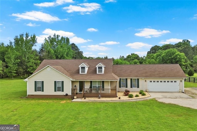 cape cod home with driveway, a porch, a garage, and crawl space