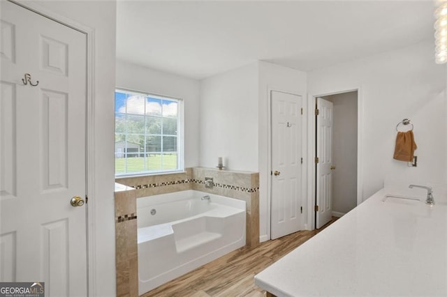 bathroom with a sink, wood finished floors, and a garden tub