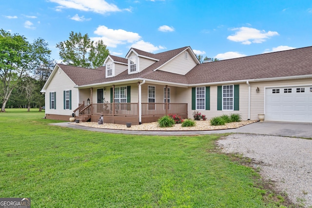 view of front of property featuring asphalt driveway, an attached garage, a shingled roof, covered porch, and a front lawn
