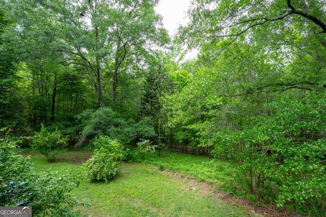 view of yard featuring a forest view